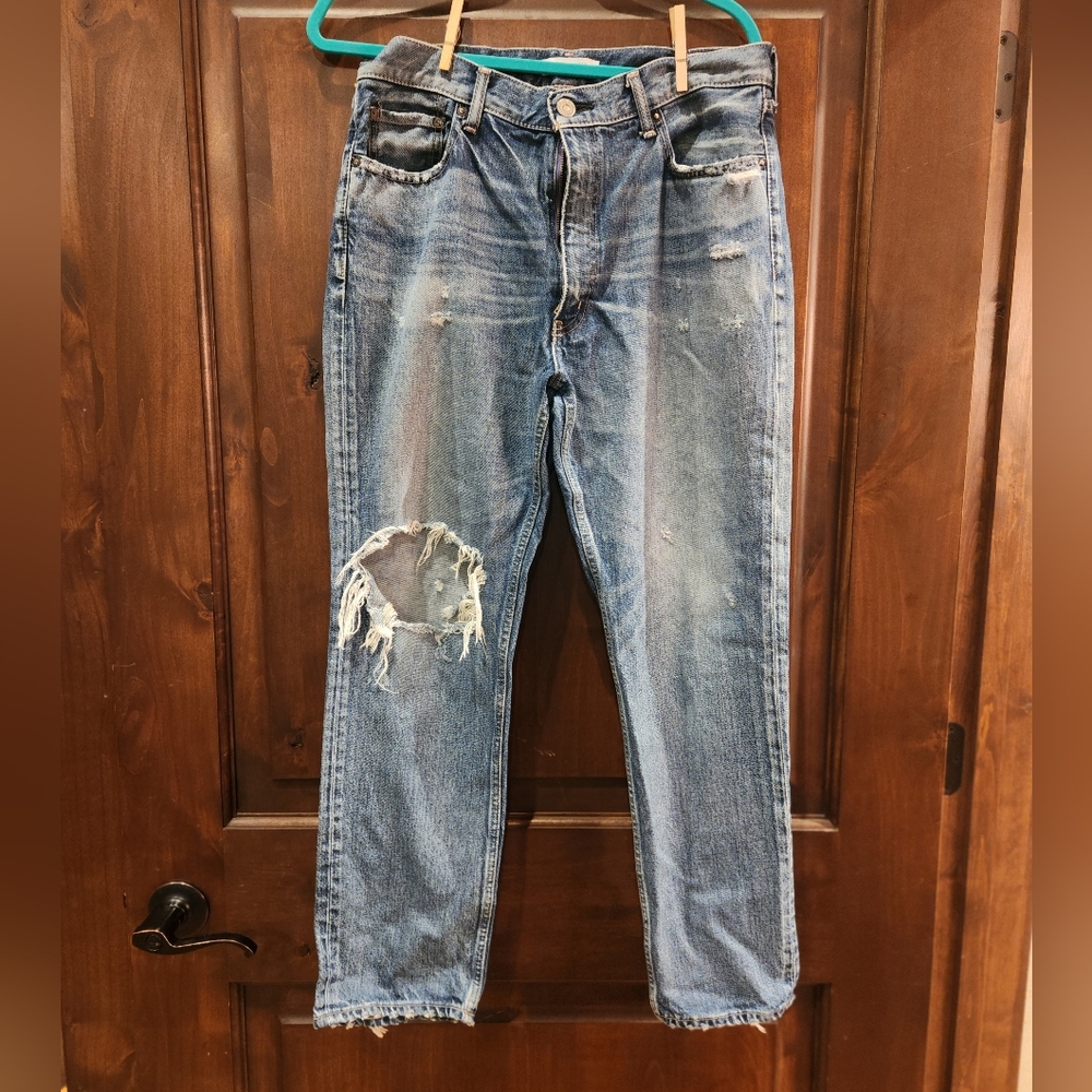 Moussy Distressed Blue Straight Leg Jeans